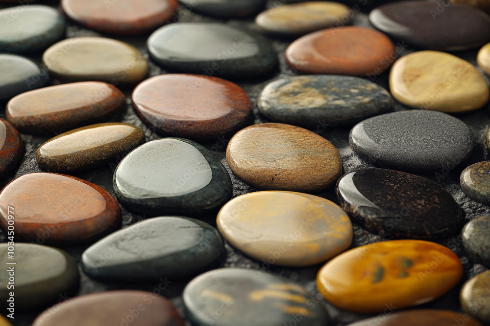 A diverse collection of smooth stones in various shades and shapes is artfully arranged to create a captivating mosaic. The warm natural light highlights the details and beauty of each stone, offering A diverse collection of smooth stones in various shades and shapes is artfully arranged to create a captivating mosaic. The warm natural light highlights the details and beauty of each stone, offering