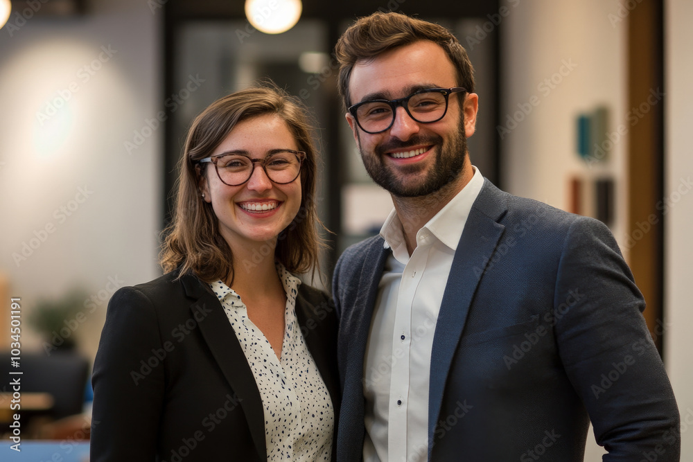 A cheerful woman and man pose together in a well-lit office space, showcasing their professional attire. Their friendly smiles and relaxed posture emphasize a collaborative atmosphere, with modern A cheerful woman and man pose together in a well-lit office space, showcasing their professional attire. Their friendly smiles and relaxed posture emphasize a collaborative atmosphere, with modern