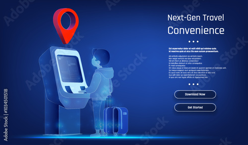 Young traveler using a self-service kiosk for convenient travel planning in a modern digital environment