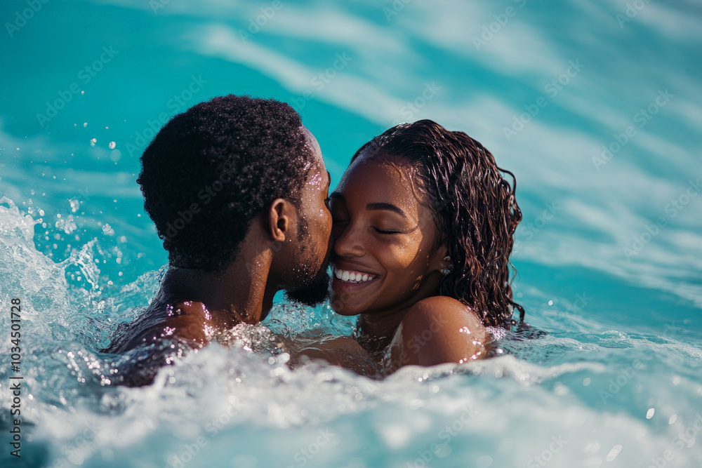 A beautiful Black couple shares a romantic kiss while swimming in the crystal-clear ocean under the warm sun. The vibrant waves crash around them, and their laughter fills the air, creating a perfect A beautiful Black couple shares a romantic kiss while swimming in the crystal-clear ocean under the warm sun. The vibrant waves crash around them, and their laughter fills the air, creating a perfect