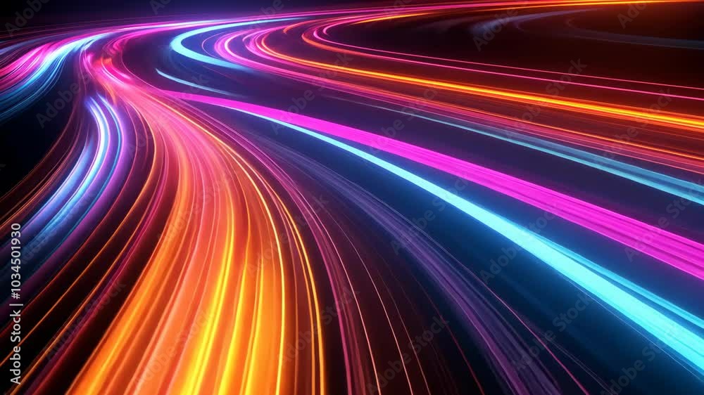 Abstract lights in orange, pink, and blue flow in a curved path, creating a sense of speed and movement