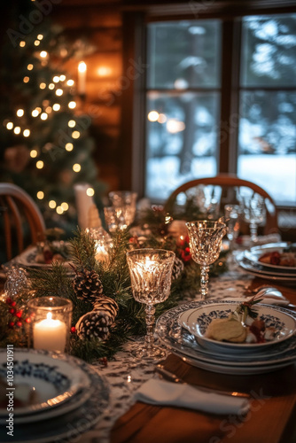 Friends enjoying a cozy winter evening, surrounded by twinkling lights and festive decorations on a beautifully set dining table. Their joyful expressions highlight the warmth and happiness of the