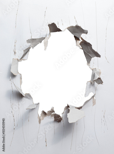 A large hole in a paper surface with uneven torn edges and scratches around it. Isolated black space inside (removed center), PNG file