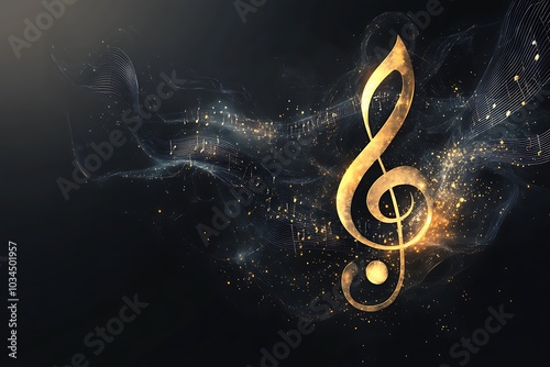 Golden treble clef on a black background with music notes.