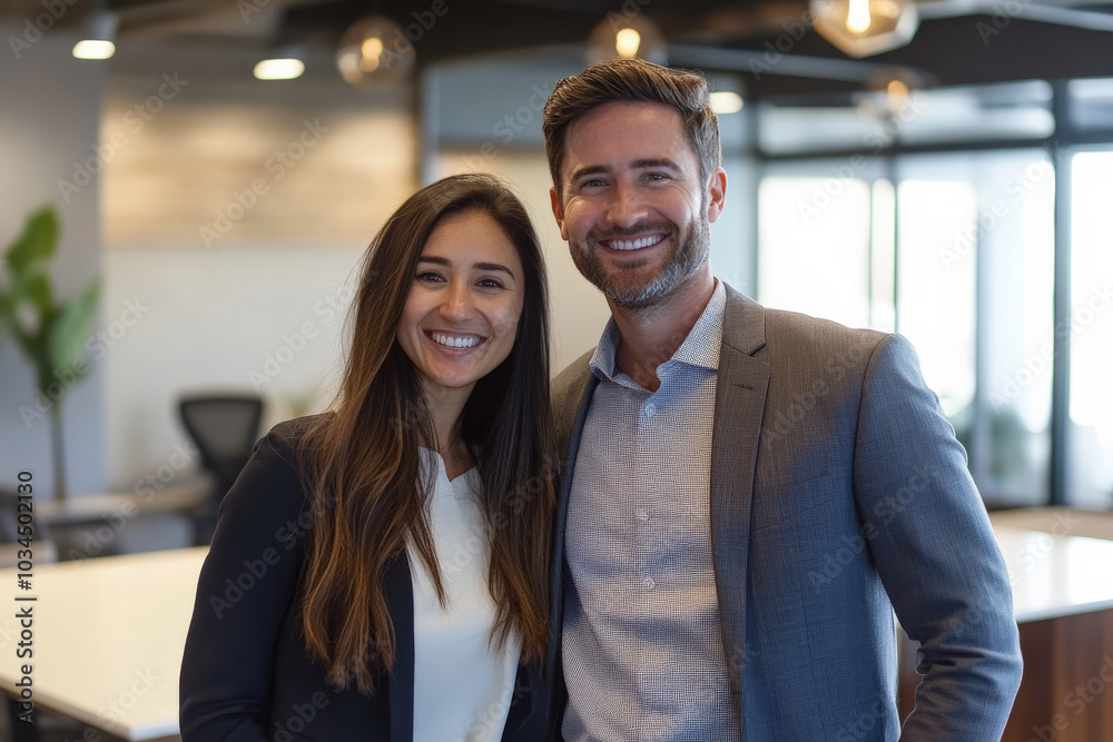 A cheerful woman and man pose together in a well-lit office space, showcasing their professional attire. Their friendly smiles and relaxed posture emphasize a collaborative atmosphere, with modern A cheerful woman and man pose together in a well-lit office space, showcasing their professional attire. Their friendly smiles and relaxed posture emphasize a collaborative atmosphere, with modern