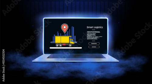 A laptop displays smart logistics software with a yellow delivery truck and tracking location symbol on a dark, clouded background