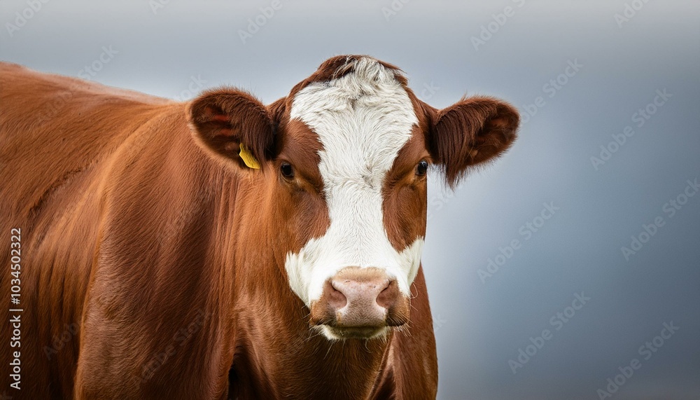 a brown cow with white markings stands facing the camera a brown cow with white markings stands facing the camera