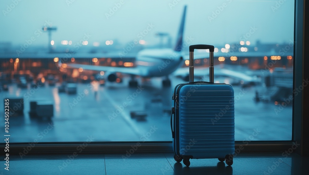 Obraz premium A blue suitcase stands in front of the window, with an airplane blurred outside and the airport interior in the background Generative AI