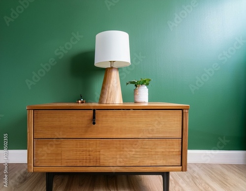 a calming nature inspired green background shows a mid century modern wooden bedside table with a simple modern lamp warm wood tones contrast with light green 16 9 photo