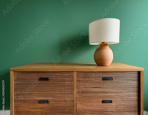 a calming nature inspired green background shows a mid century modern wooden bedside table with a simple modern lamp warm wood tones contrast with light green 16 9 photo