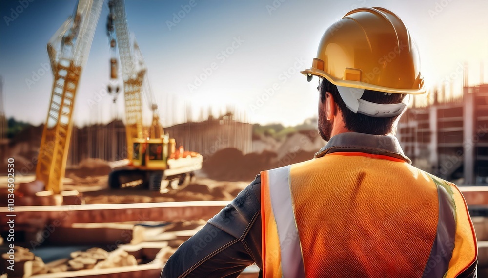 a construction worker wearing a hard hat and reflective vest observing a building site symbolizing safety and diligence in the construction industry a construction worker wearing a hard hat and reflective vest observing a building site symbolizing safety and diligence in the construction industry