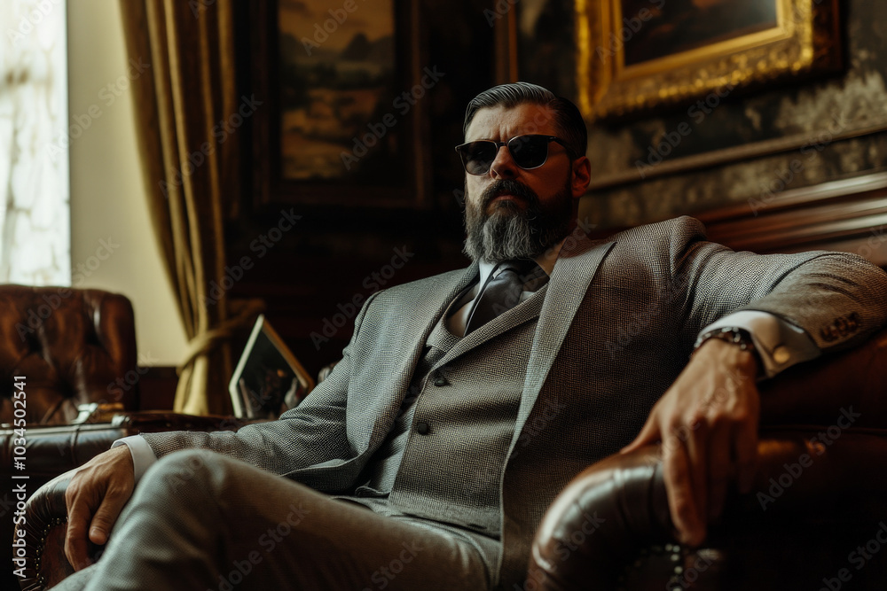 A man with a full beard, dressed in a gray suit and dark sunglasses, leans back in a luxurious leather armchair. The upscale room, decorated with elegant artwork and muted tones, adds to the A man with a full beard, dressed in a gray suit and dark sunglasses, leans back in a luxurious leather armchair. The upscale room, decorated with elegant artwork and muted tones, adds to the