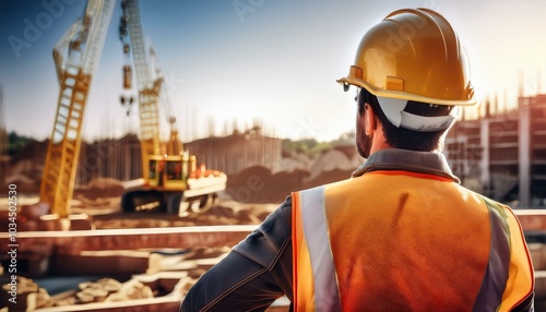 a construction worker wearing a hard hat and reflective vest observing a building site symbolizing safety and diligence in the construction industry