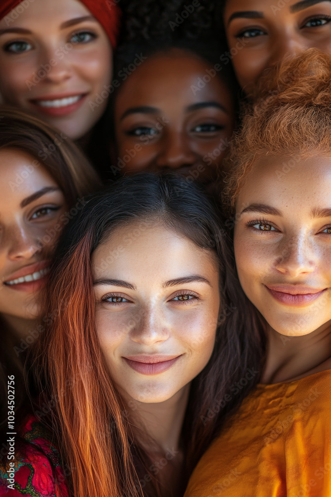 A group of diverse women stands in close proximity, their faces lit by soft, warm light. Their smiles convey a quiet strength and warmth, representing unity in diversity.