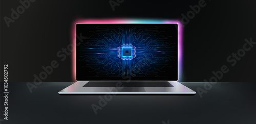 A sleek laptop with glowing elements showcases a modern computer chip design in a dark setting