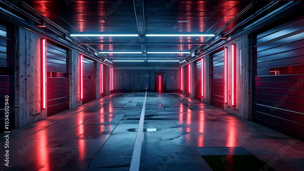 A long, empty corridor with red neon lights lining the walls, creating an eerie glow A long, empty corridor with red neon lights lining the walls, creating an eerie glow