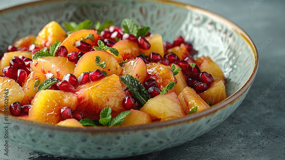 A bowl of fresh fruit salad with orange, peach, pomegranate seeds, and mint leaves. A bowl of fresh fruit salad with orange, peach, pomegranate seeds, and mint leaves.