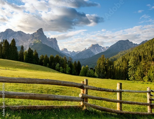 a lush green meadow bordered by a rustic wooden fence leading to a forest with mountain views