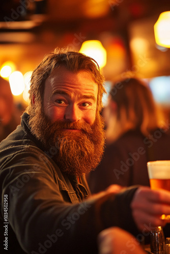 A Caucasian bartender with a thick beard and sparkling eyes, middle-aged and full of energy, engages warmly with patrons at a lively pub. The evening glow creates a friendly and welcoming setting for