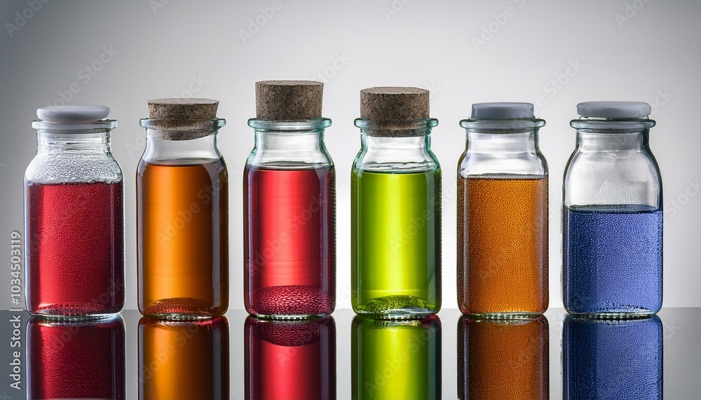 a row of glass jars filled with colorful liquids a row of glass jars filled with colorful liquids