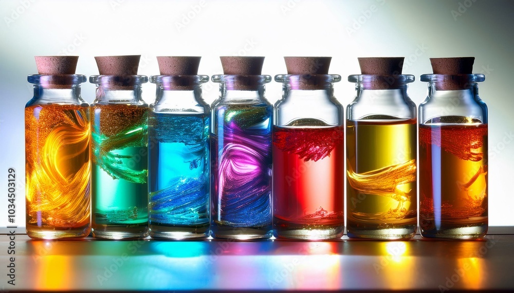 a row of glass jars filled with colorful liquids