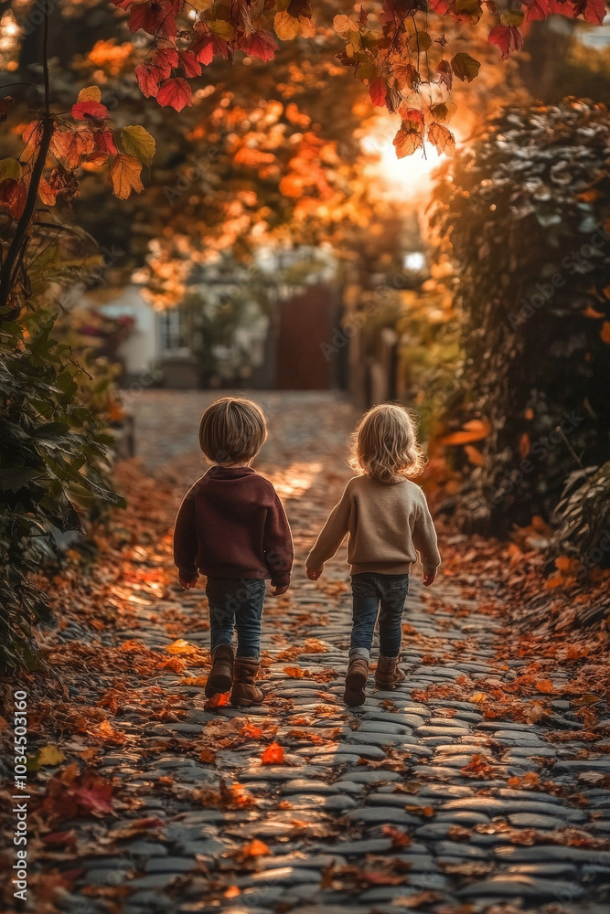 Two young children happily walk along a cobblestone path covered in a blanket of colorful leaves. The warm glow of the setting sun creates a serene backdrop, highlighting their playful spirit and the Two young children happily walk along a cobblestone path covered in a blanket of colorful leaves. The warm glow of the setting sun creates a serene backdrop, highlighting their playful spirit and the