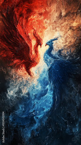 Red and a blue phoenix are clashing in a colorful sky, representing the opposition and duality of fire and ice
