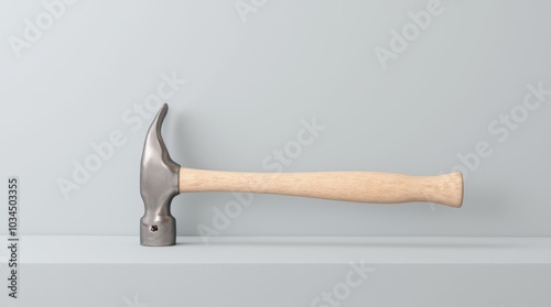 A close-up of a classic claw hammer resting on a clean, minimalistic surface designed for artwork or home projects photo