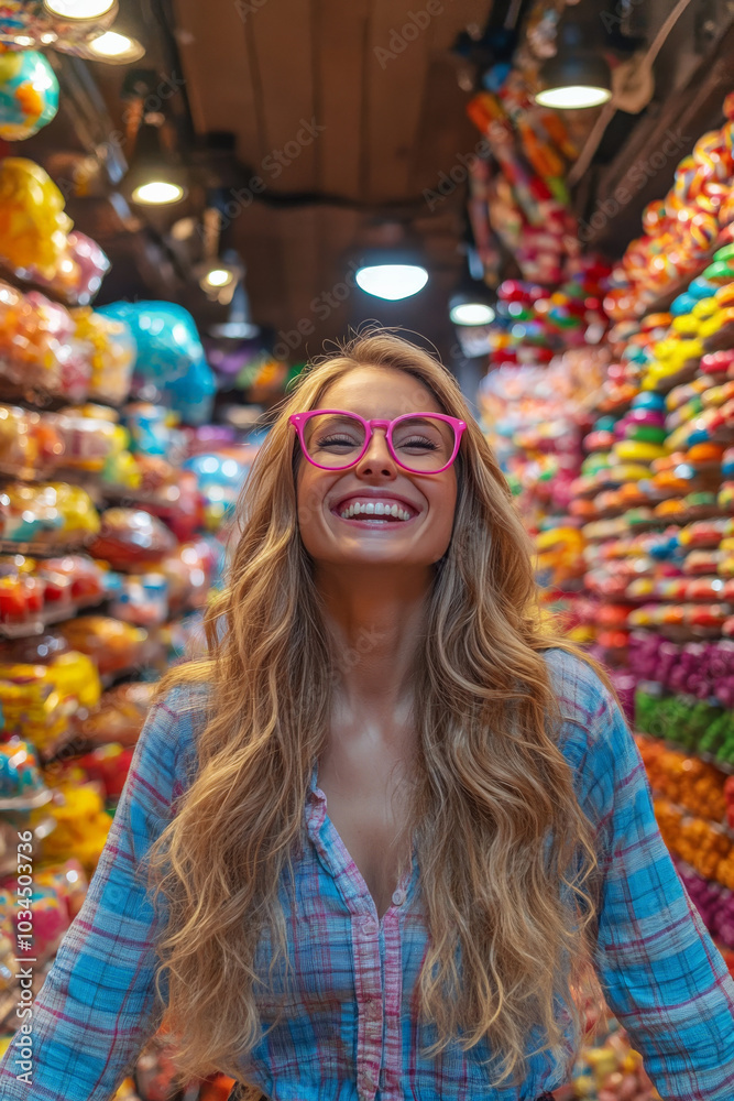 Fototapeta premium A Caucasian woman with long blonde hair, pink glasses, and a plaid shirt stands joyfully in the middle of a colorful candy store. Her joyful expression and the vivid sweets around her create a festive