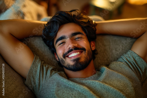 A young Hispanic man with wavy hair and a short beard relaxes on a comfortable couch, smiling joyfully with his hands resting behind his head. The soft lighting in his home adds to the atmosphere of photo