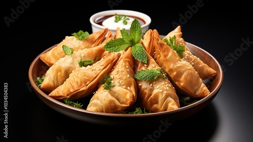 A platter of crispy golden fried pastries garnished with fresh mint and sesame seeds, served with a side of dipping sauce.