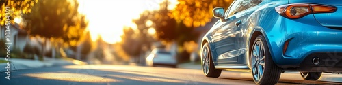 Half side of a blue compact car on the right with a blurred suburban background, great for everyday vehicle advertisements with copy space on the left