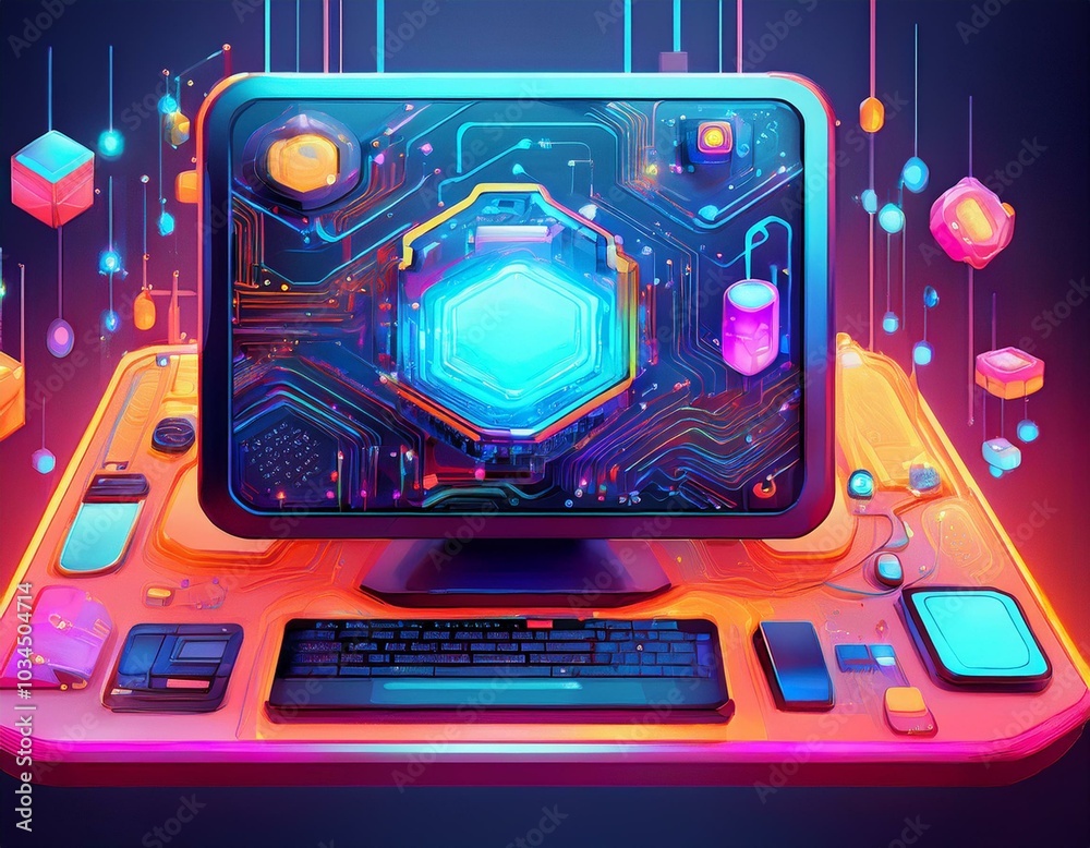 bright cartoon modern pc of the future big data technologies in personal computers bright cartoon modern pc of the future big data technologies in personal computers