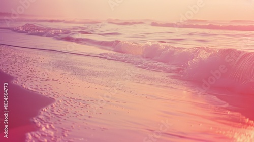 A grainy beach landscape with a touch of vintage charm as if captured on an old film camera. The grain adds a slightly weathered feel to the image while the soft gradient of pink an