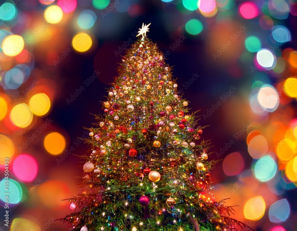 christmas tree in the center with many lights and decorations the tree is surrounded by a blurred background with bright colors bokeh christmas tree in the center with many lights and decorations the tree is surrounded by a blurred background with bright colors bokeh