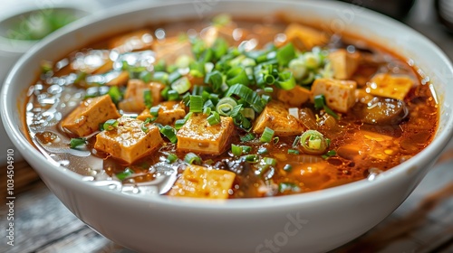 A bowl of mapo tofu, a Chinese dish with tofu, meat, and a spicy sauce, garnished with chopped green onions.