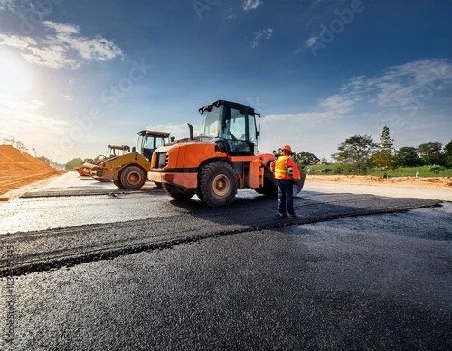 construction site is laying new asphalt road pavement road construction workers and road construction machinery scene highway construction site landscape
