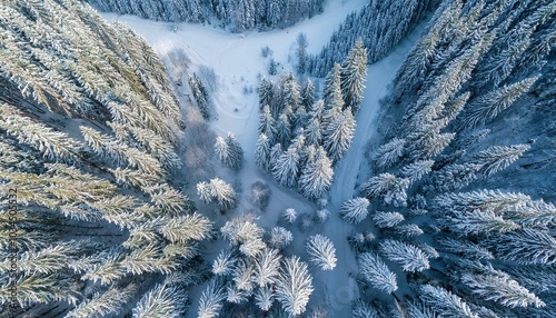 diese beeindruckende luftaufnahme zeigt einen verschneiten wald in seiner ganzen pracht die schneebedeckten baumkronen und der darunter liegende boden bilden ein faszinierendes muster das durch die photo