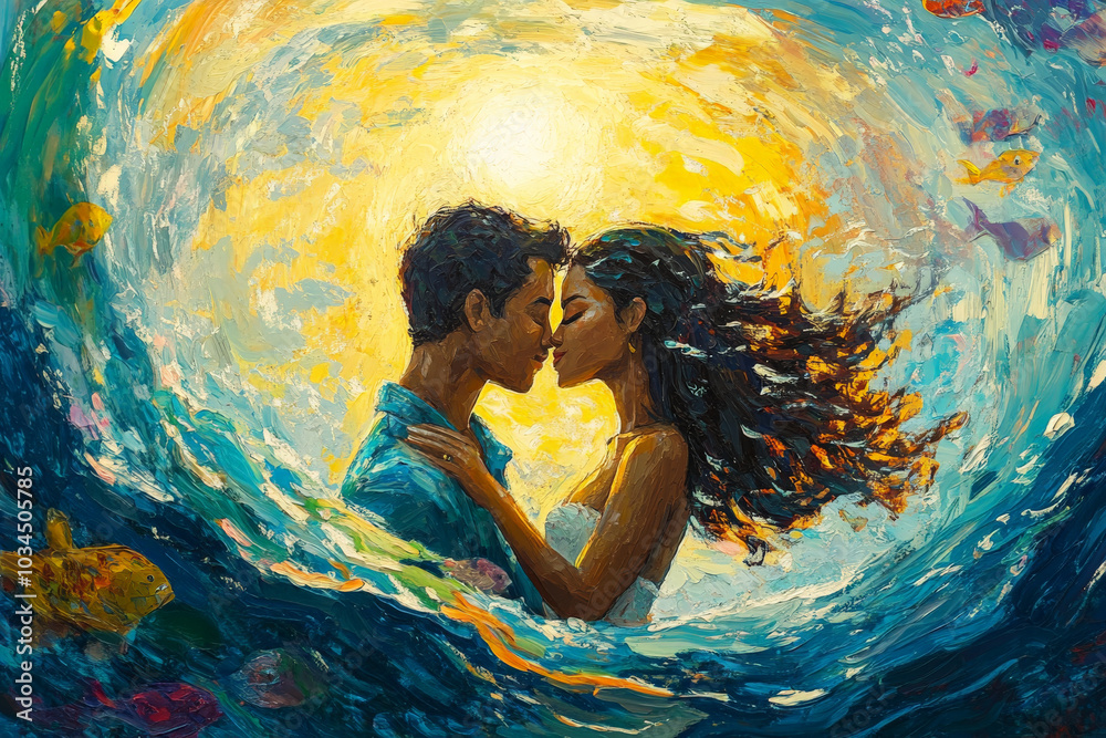 Fototapeta premium This vibrant scene features a lovely Brazilian couple kissing while swimming in the ocean, the sun shining brightly above them. Their playful interactions and radiant smiles reflect their deep
