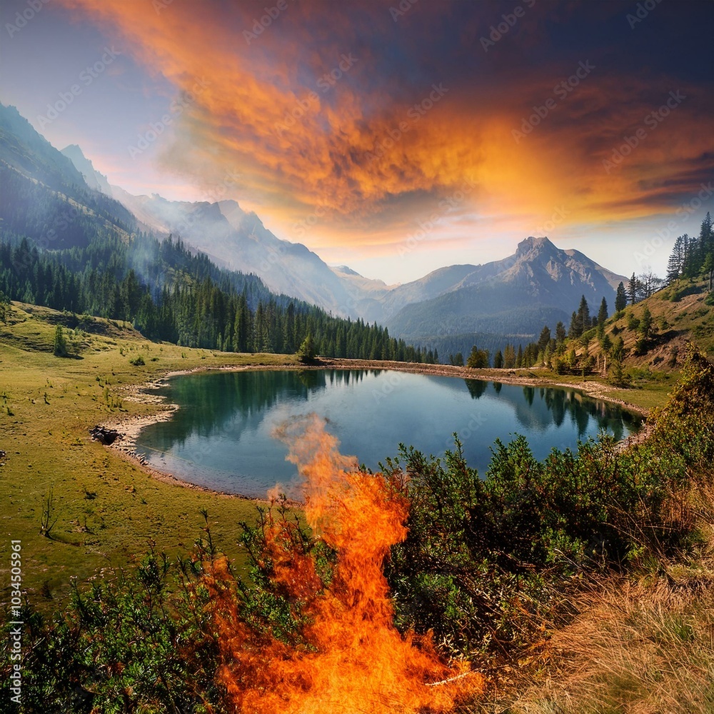 Obraz premium fire in the mountain and lake