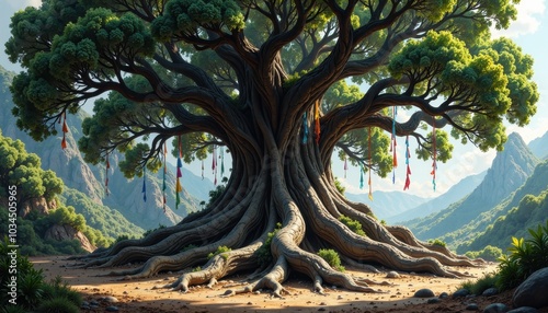 A sacred banyan tree adorned with garlands and prayer flags in a peaceful clearing.