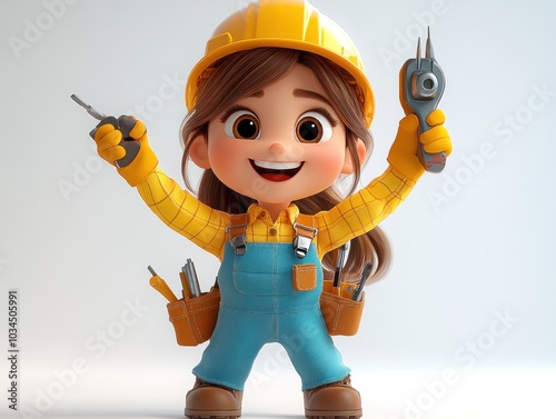 Cute Cartoon Girl Holding Tools