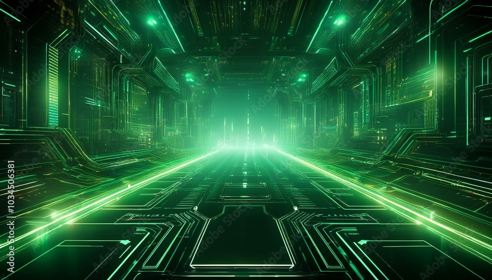 green futuristic backdrop with digital grids and glowing effects perfect for a sci fi and advanced technological theme
