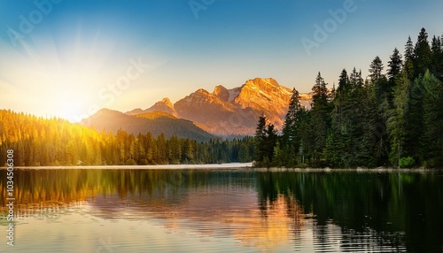 golden sunlight bathes a forest and mountain casting reflections in the calm waters of a lake