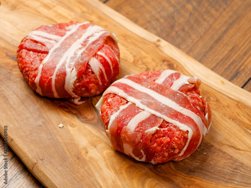 Top quality thick beef burger wrapped in bacon slide or rashers on a wooden cutting board. Premium meat product, butcher craft. Tasty hamburger Top quality thick beef burger wrapped in bacon slide or rashers on a wooden cutting board. Premium meat product, butcher craft. Tasty hamburger