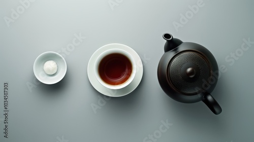 Minimalist Tea Ritual: Elegant Top View of a Tea Set on Grey