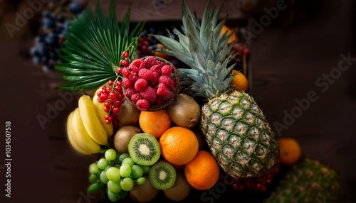 organic tropical fresh fruit harvest of grapes pineapples oranges kiwi and raspberries close up view from above growing organic fruits ready to eat and rich in vitamins