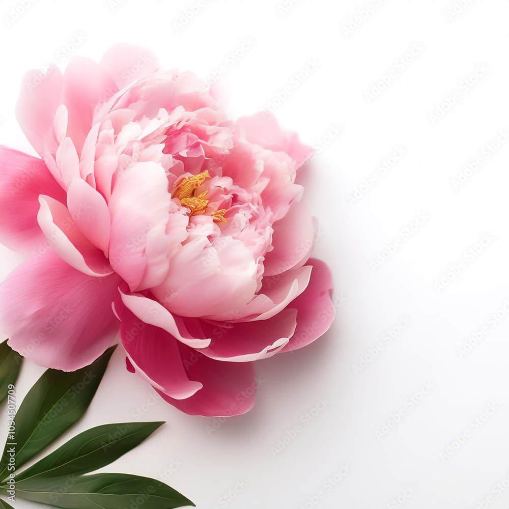 Pink Peony Flower with leaves pattern on side position provides copy space for text. background concept isolated white Pink Peony Flower with leaves pattern on side position provides copy space for text. background concept isolated white