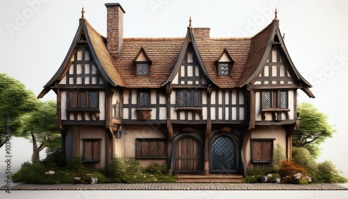 photorealistic tudor house 3d model isolated on white background tudor architecture illustration