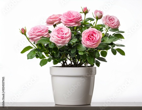 pink rose bush in white pot blooming flowers white background